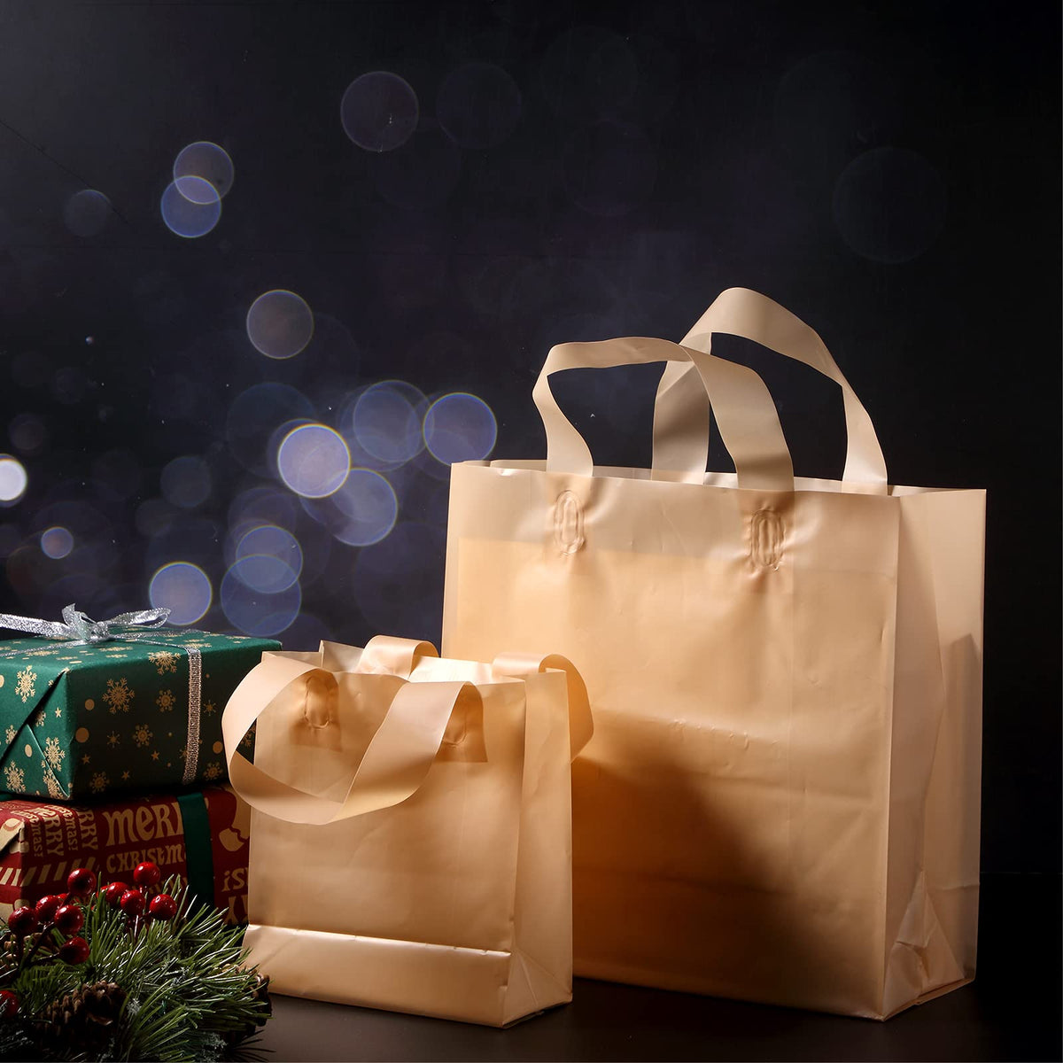 100 Pcs Plastic Gift Bags with Handles, Khaki