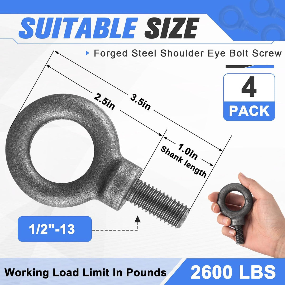 Hicarer 4 Pcs 1/2" -13 x 1 Lifting Shoulder Eye Bolt, Heavy Duty