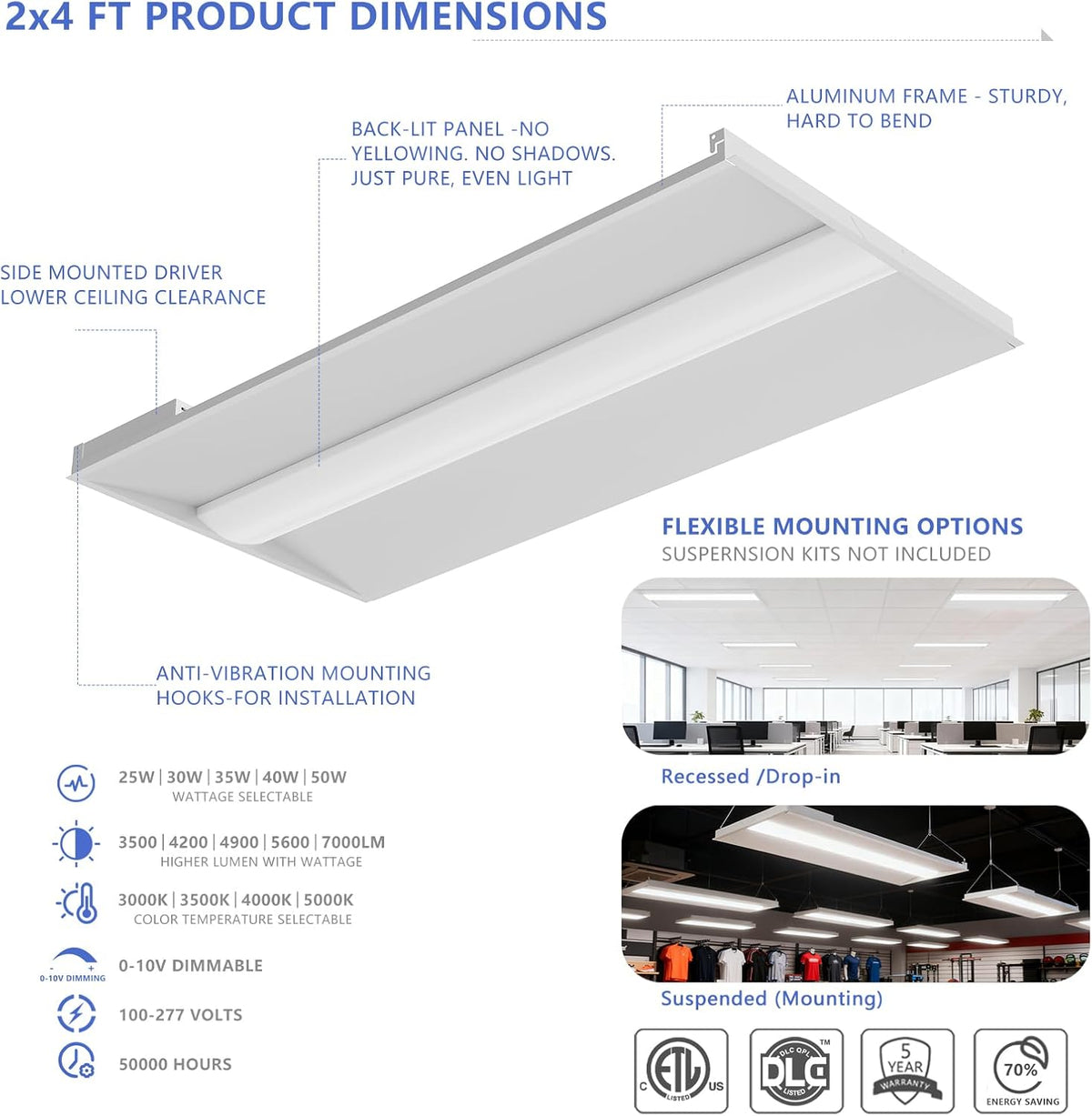 2x4 LED Troffer Light,Selectable 4CCT,7000 LM,0-10V Dimmable,2Pack