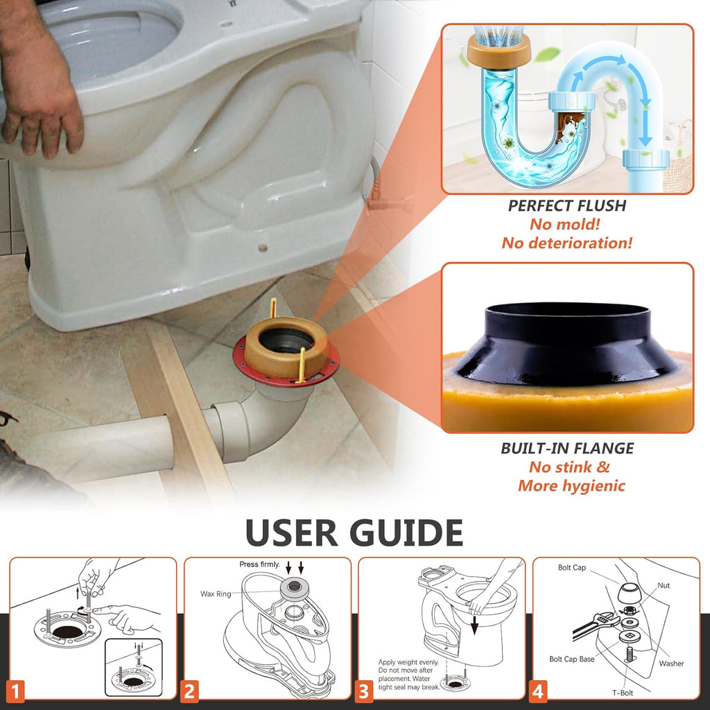 Extra Thick Toilet Wax Ring Replacement Kit with Bolts & Caps, 1.6'' Thick | for Deep Flanges, Fits 3'' or 4'' Lines