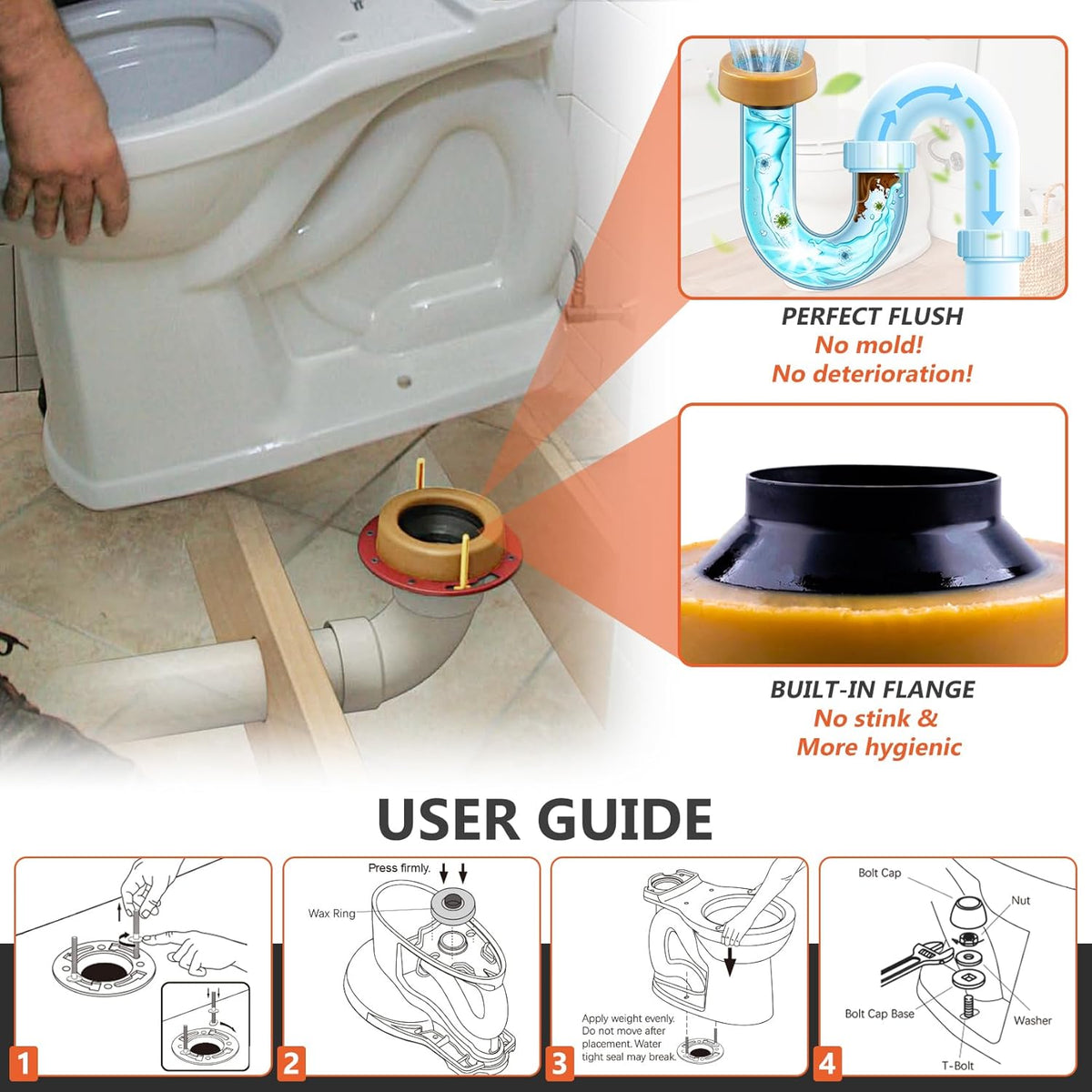 Extra Thick Toilet Wax Ring Replacement Kit with Bolts & Caps, 1.6'' Thick | for Deep Flanges, Fits 3'' or 4'' Lines