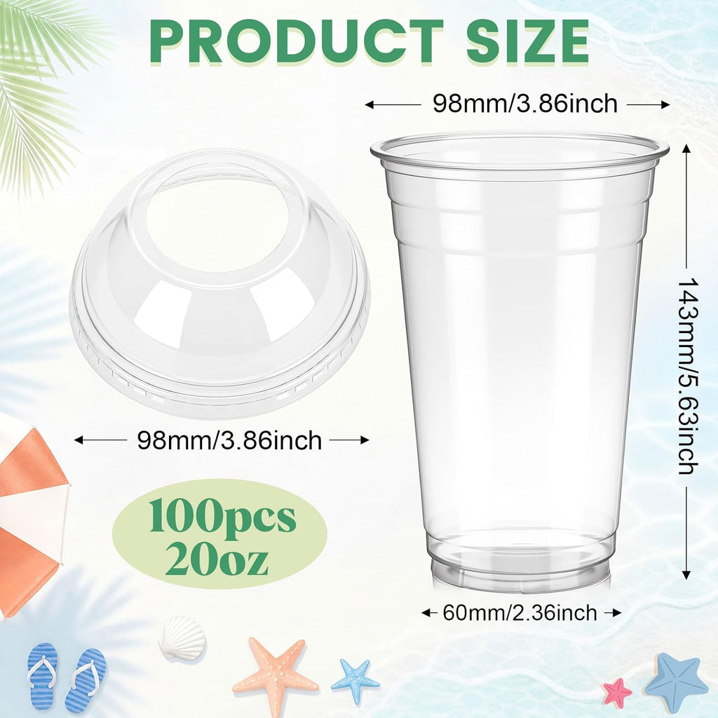 20oz Plastic Cups with Wide Dome Lids, Clear Disposable Cold Drink Cups, 98mm Wide Mouth Bubble Tea Cup for Smoothie