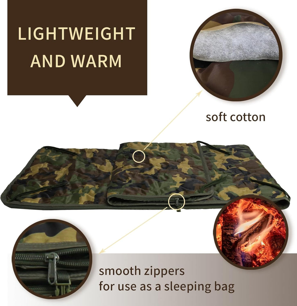 Military Blanket - Camping Sleeping Bag with Zipper, Poncho Liner Thermal Insulated Blanket, Lightweight Portable
