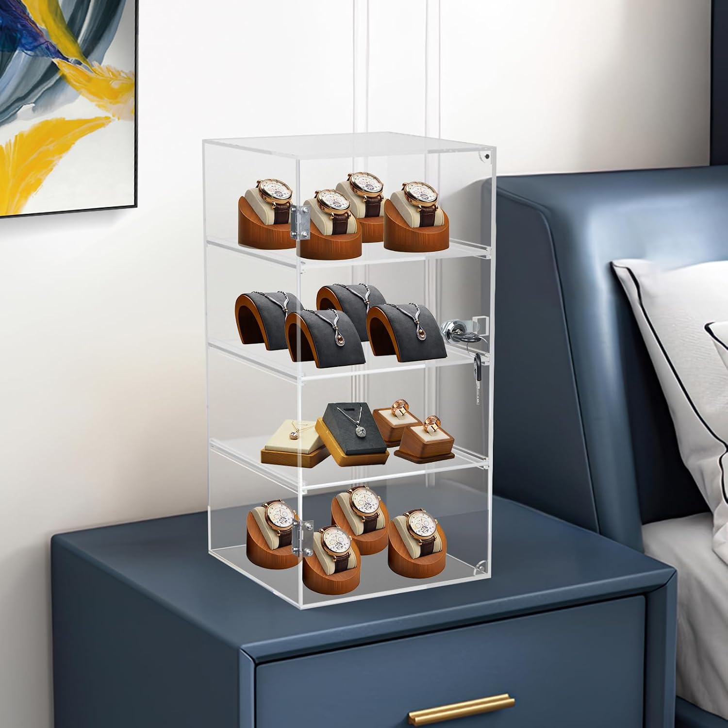 4 Shelf Acrylic Display Case with Lock Key, Clear Locking Display Case Showcase Cabinet with Removable Shelves - Safe