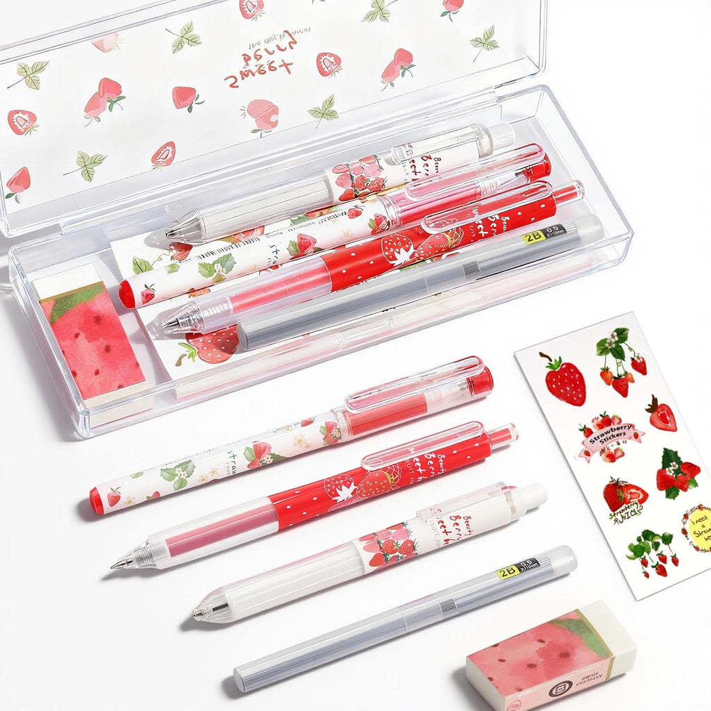 Cute Strawberry Pens Set Include Kawaii 0.5mm Strawberry Mechanical Pencil,Mechanical Pencil Lead Refills,Erasers,Gel