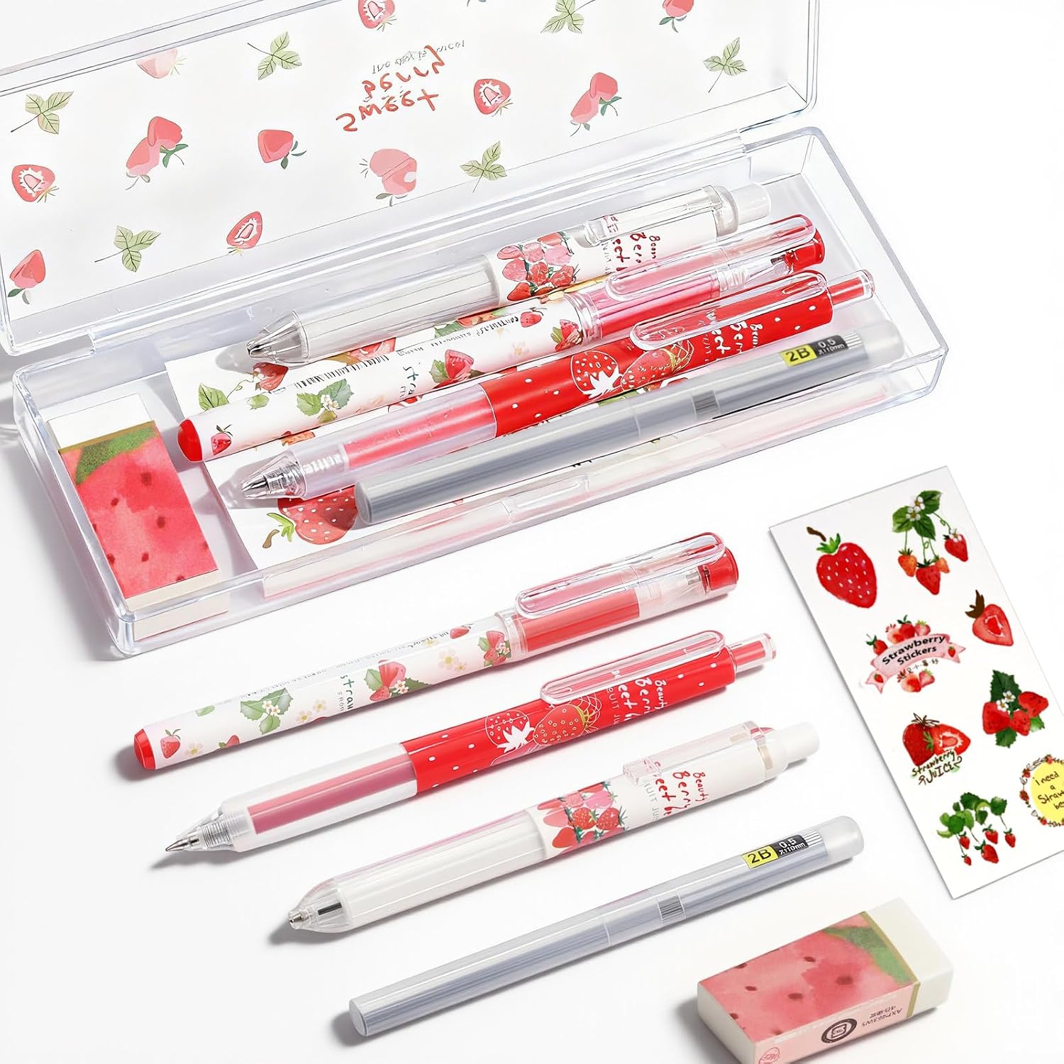 Cute Strawberry Pens Set Include Kawaii 0.5mm Strawberry Mechanical Pencil,Mechanical Pencil Lead Refills,Erasers,Gel