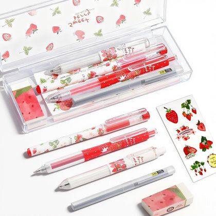 Cute Strawberry Pens Set Include Kawaii 0.5mm Strawberry Mechanical Pencil,Mechanical Pencil Lead Refills,Erasers,Gel