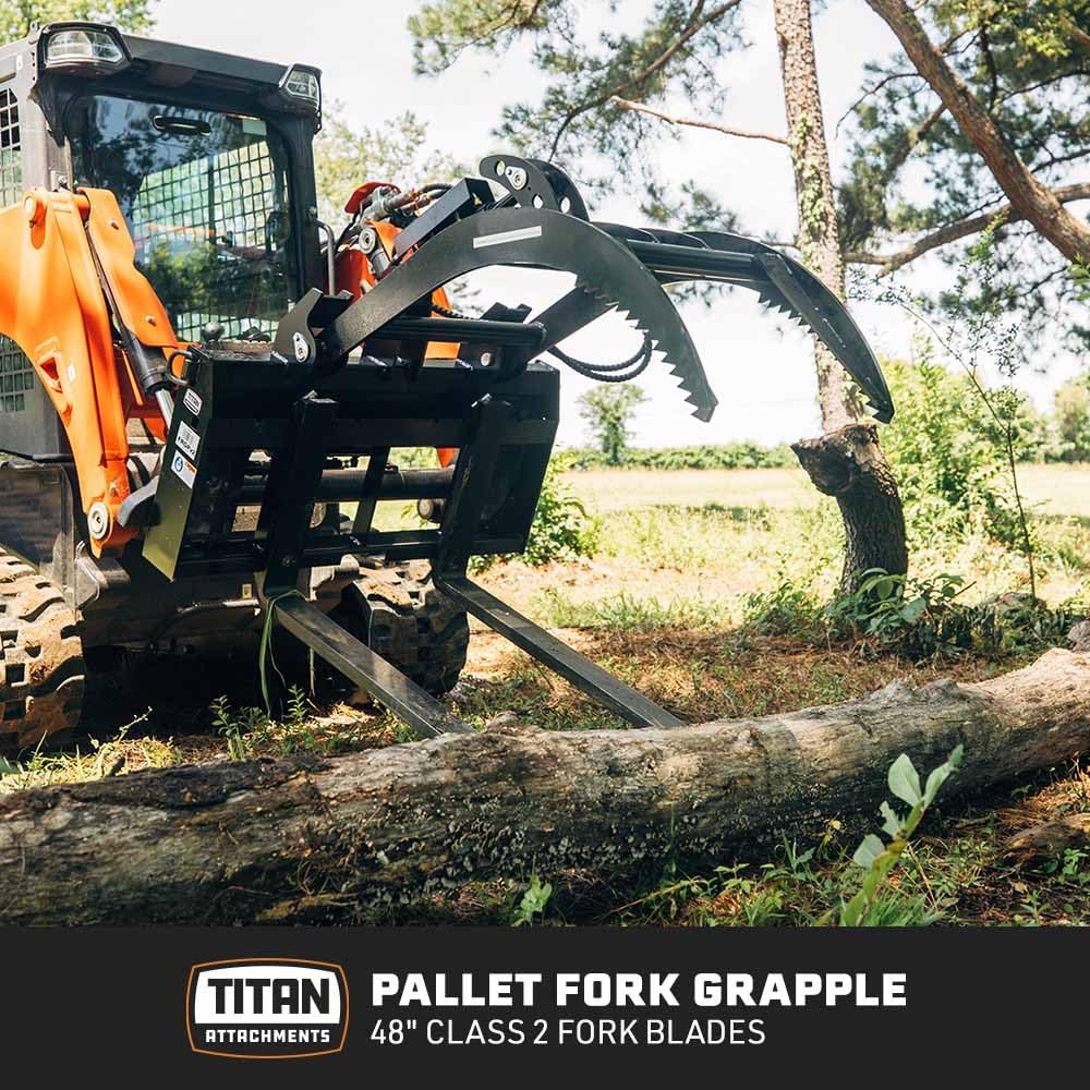 Hydraulic Skid Steer Pallet Fork Grapple Attachment V2, 1/2in Thick Steel Frame, Quick Tach Mounting System