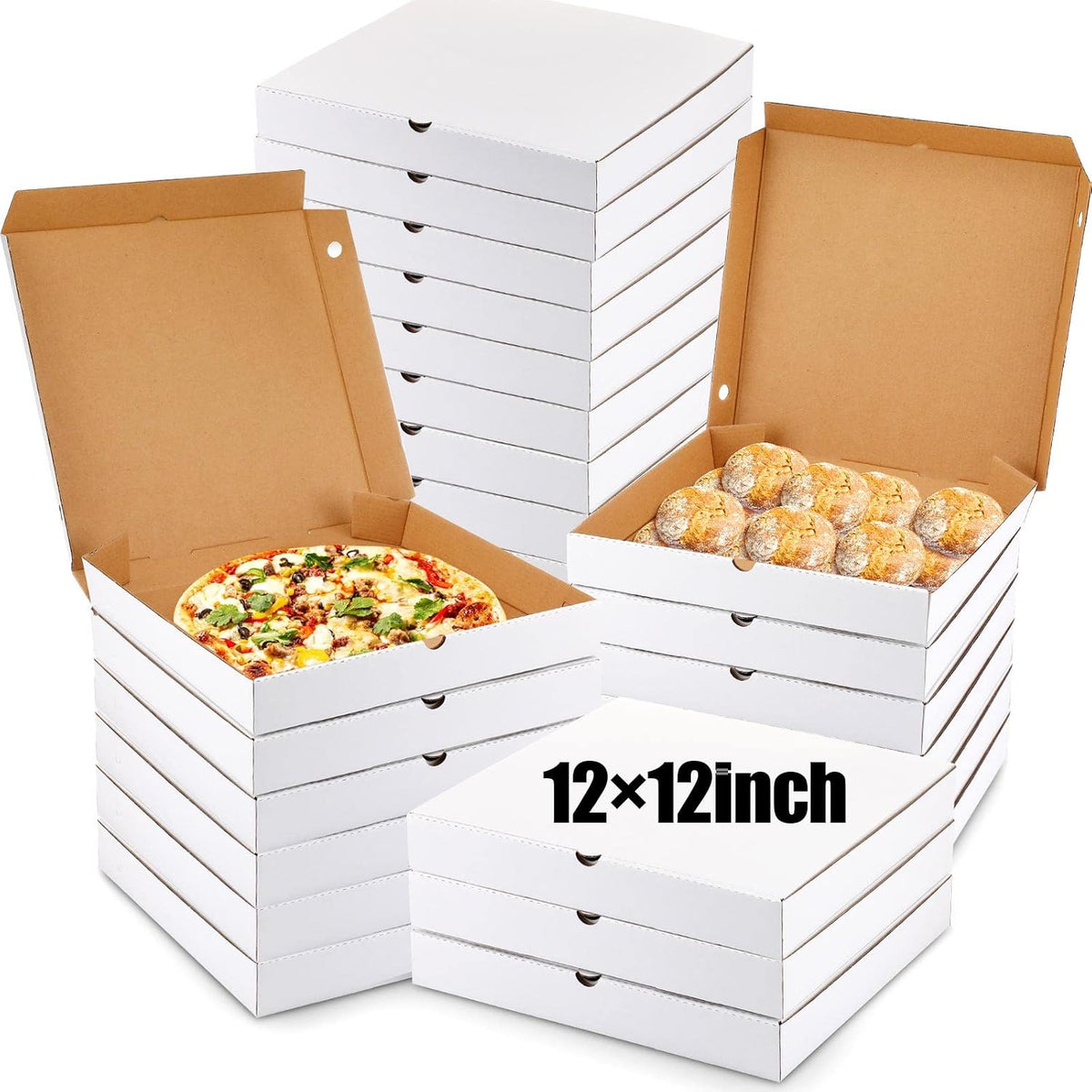 100 Pcs Pizza Boxes Bulk Cardboard Square, White and Kraft, 12 Inch