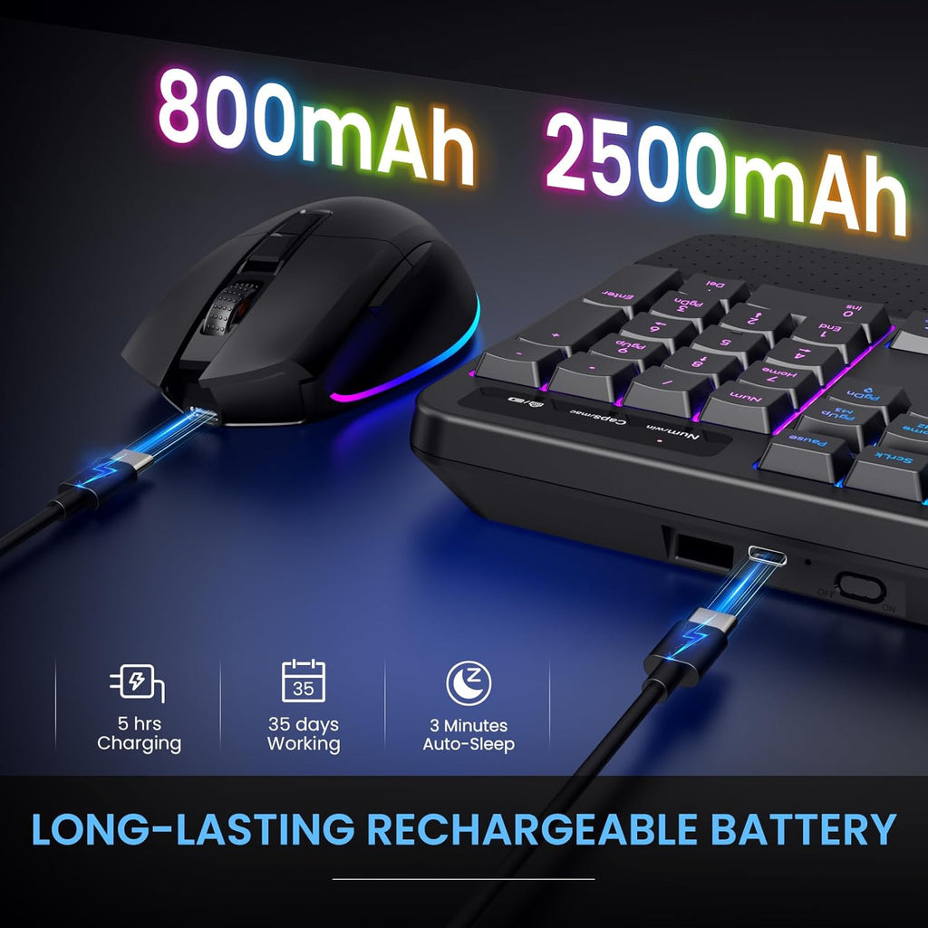 RGB Wireless Keyboard Mouse Combo with Ergonomic Wave, Silent Rechargeable | Soft Leather Wrist Rest, Light up