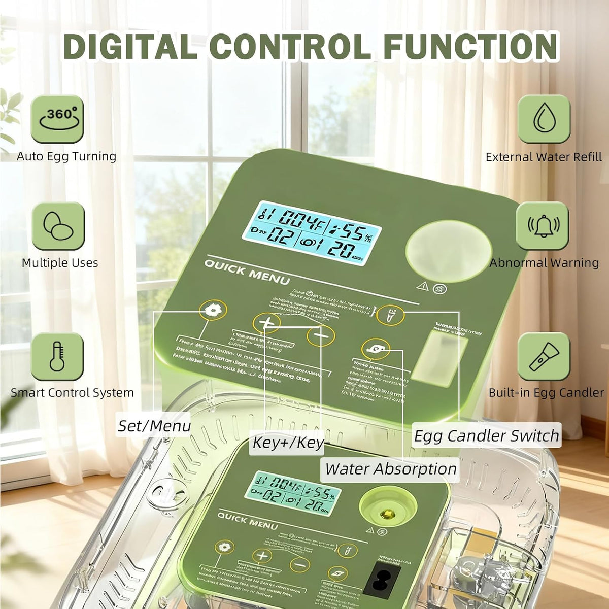 Incubator for Hatching Egg, 12 Egg Incubators with Temperature and Humidity Control, Automatic Turner, Candler, 360°