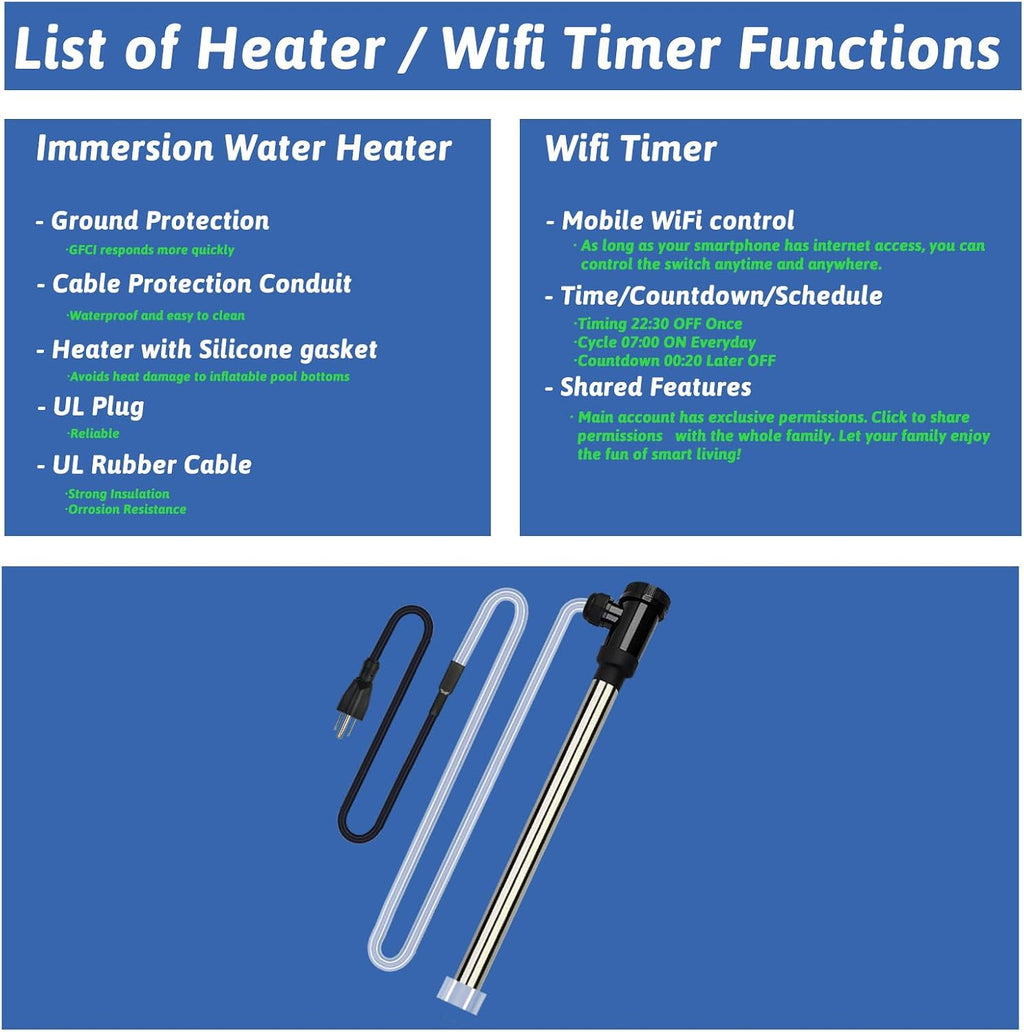 2000W Immersion Water Heater Portable Electric Hot Tub and Pool Submersible Water Heater with WiFi Timer and Auto Shut Off for Spa, above ground pool, Bathtub, Swimming pool and Baptistry