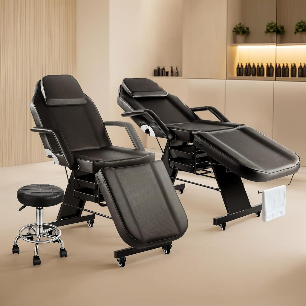 Tattoo Chairs for Client Facial Bed, Black Esthetician Bed with Wheels, Tilting Massage Lash Table for Artist with