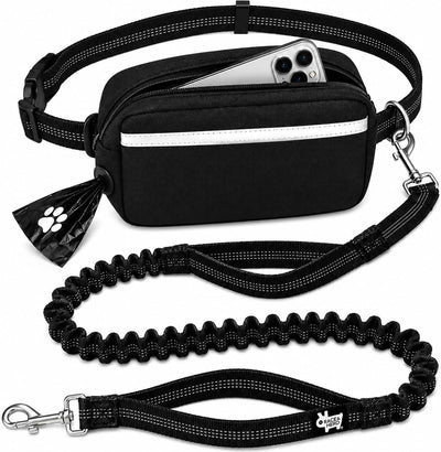 Hands Free Dog Leash with Zip Pouch — Bungee Waist Belt (Onyx)