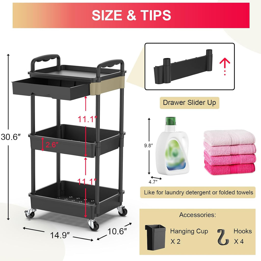 3 Tier Rolling Utility Cart Organizer with Removable Drawer, Black