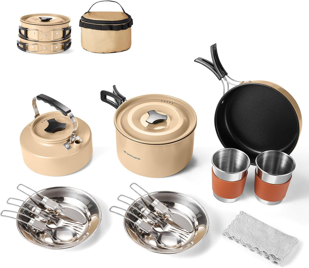15pcs Camping Cookware Mess Kit, 1.9L Pot, for Camping, Backpacking | Anodized aluminum, for hiking, outdoor cooking