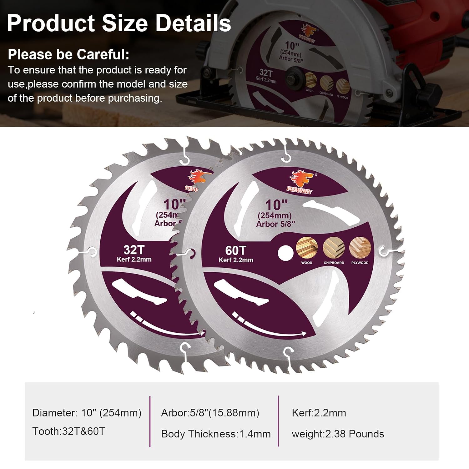 10" Circular Saw Blade, 32T&60T 2pcs-Set, Table Saw Blade, Miter Saw Blade. | Diameter 10 inch, Arbor 5/8 inch