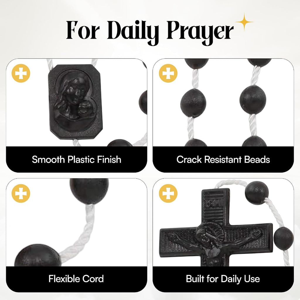 Catholic Rosary Beads for Prayer – White Plastic Rosary Necklace with Crucifix, Durable Nylon Cord, Made in Italy