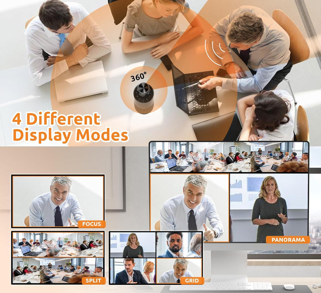 360-Degree Video Conference Camera, 1080p HD Webcam with 4 Noise Reduction Mics, Speaker, AI Tracking, Works with
