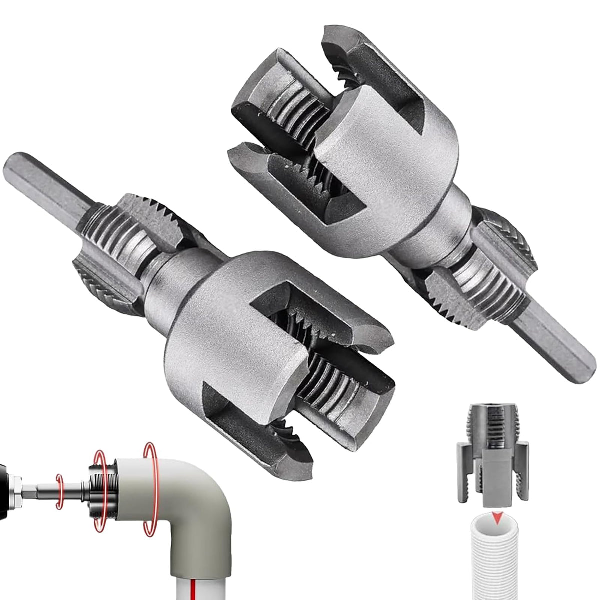 Internal & External Pipe Threading Tool(1/2'' 3/4'' Dies), 2025 New Function Pipe Thread Cutting Tool, Electric Drill Compatible PVC & Plastic Pipe Threader Kit for Home Repair (1/2"+ 3/4")