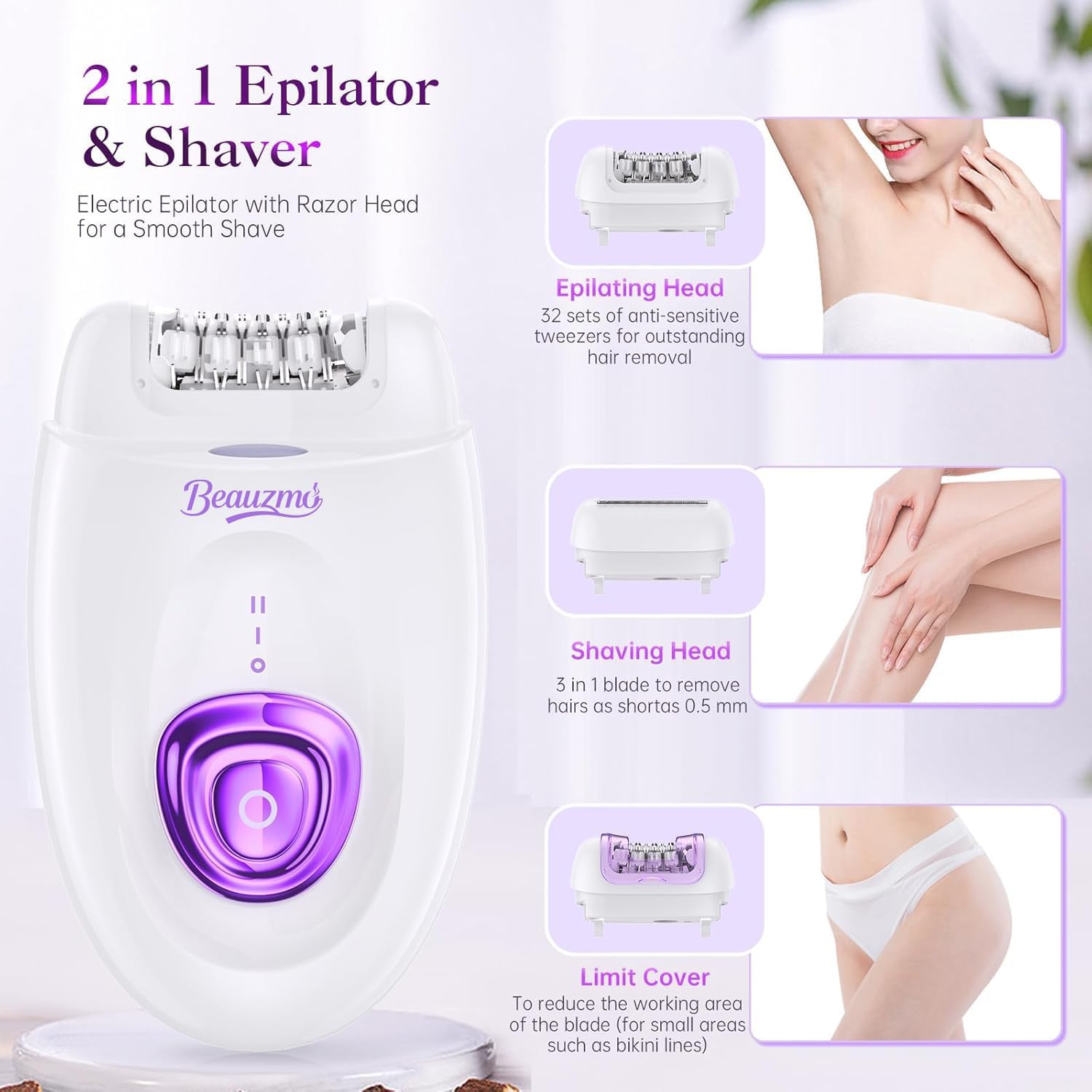 Smooth Glide Epilator for Women, Gentle Rechargeable Facial Hair Removal Device, 2-Speed 36 Tweezers with LED Light