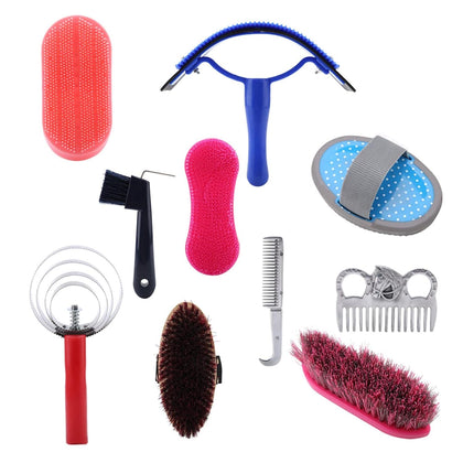 10-Piece Horse Grooming Care Kit – Equestrian Brush and Curry Comb Set with Sweat Scraper, Hoof Pick & Brushes for