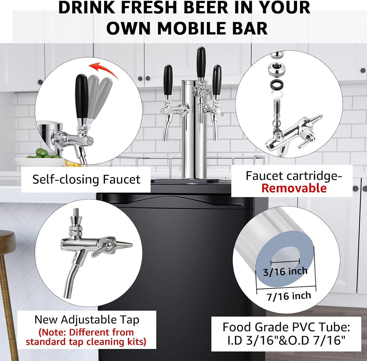 Adjustable Triple-Tap Kegerator Tower Beer Tap Tower