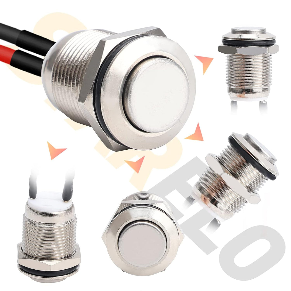STARELO 5pcs 12mm Momentary Push Button Switch Silver Shell with pre-Wiring, IP65 Waterproof Push Button Switch,Stainless Steel 1 Normally Open Without LED.