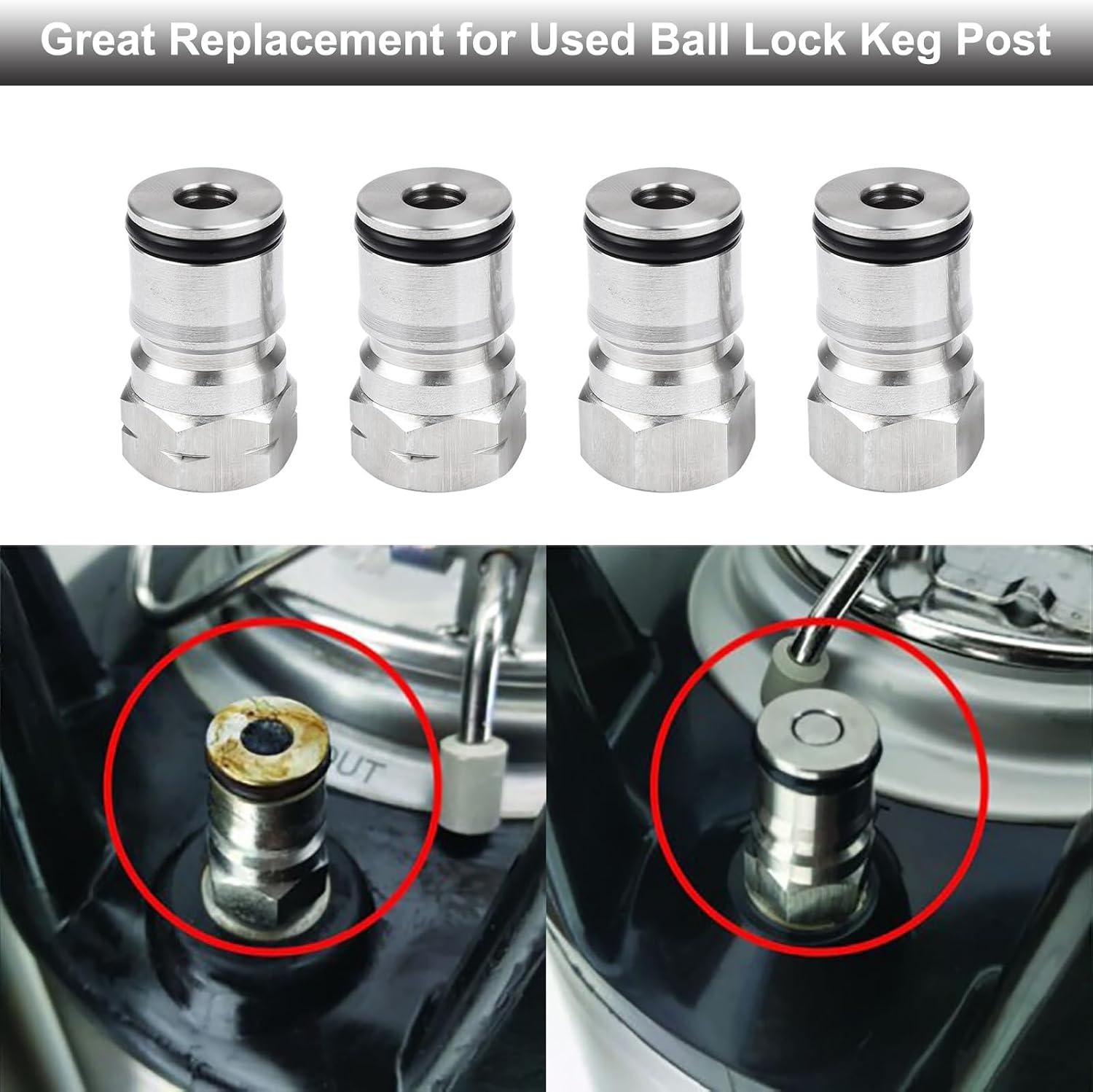2 Pairs Ball Lock Keg Post – Homebrew Gas & Liquid Corny Keg Connectors | Stainless Steel, Standard 19/32"-18 Thread