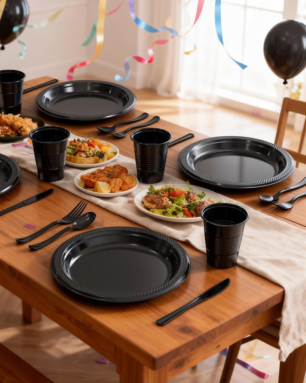 Plastic Plates Set 350 Pcs Black for 50 Guests