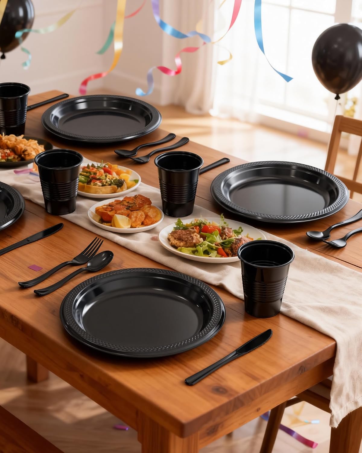 Plastic Plates Set 350 Pcs Black for 50 Guests