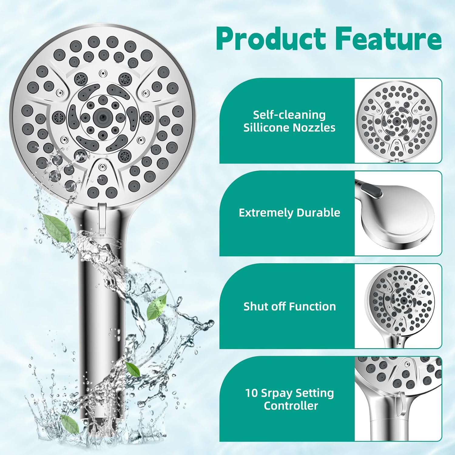 High Pressure 10 Spray Filtered Handheld Shower Head, Chrome | Showerhead with Water Softener Filter for Hard Water
