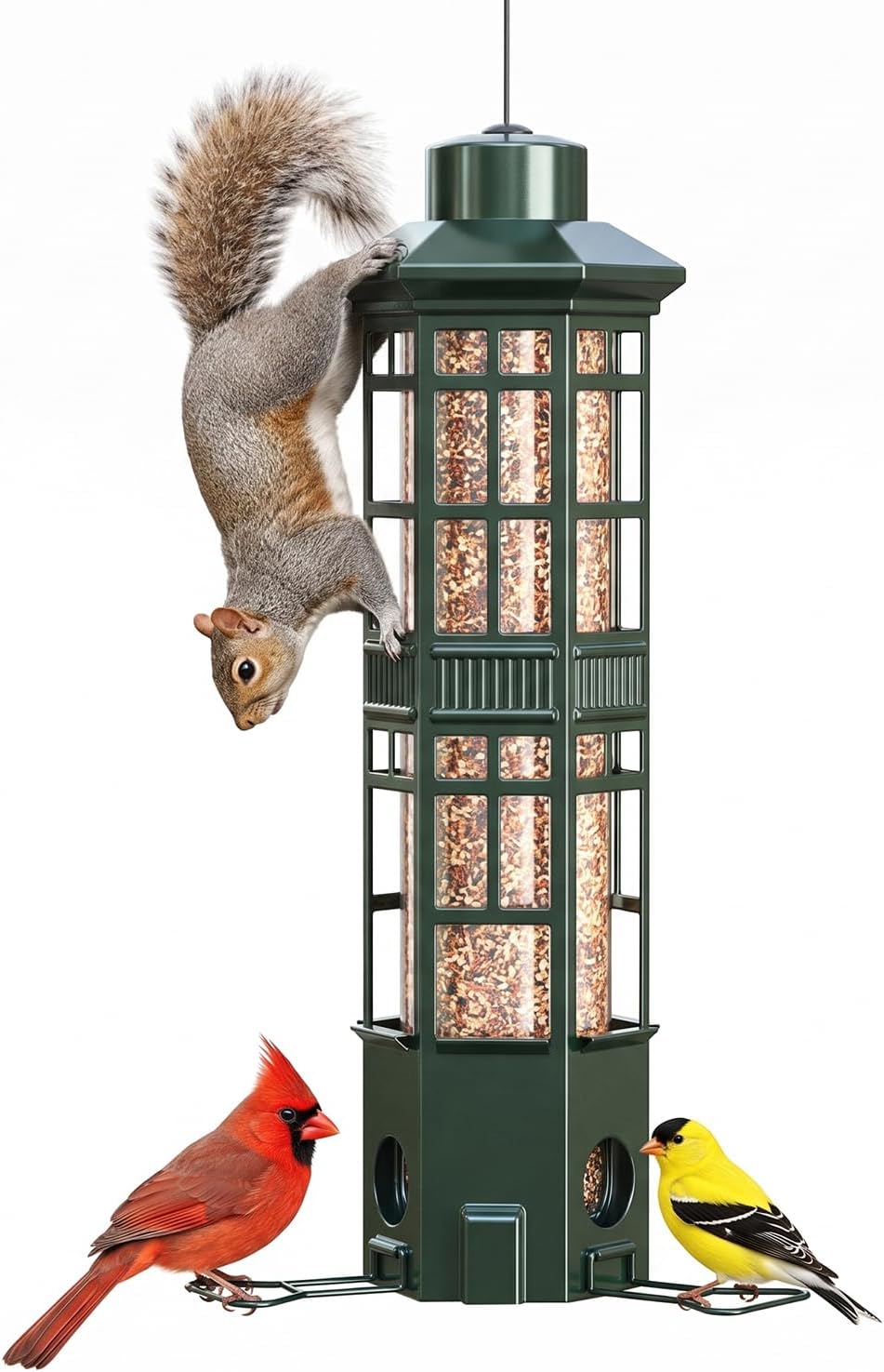 Metal Hanging Squirrel Proof Bird Feeders, Gravity Spring Closure System, Chew Resistant, Large Capacity