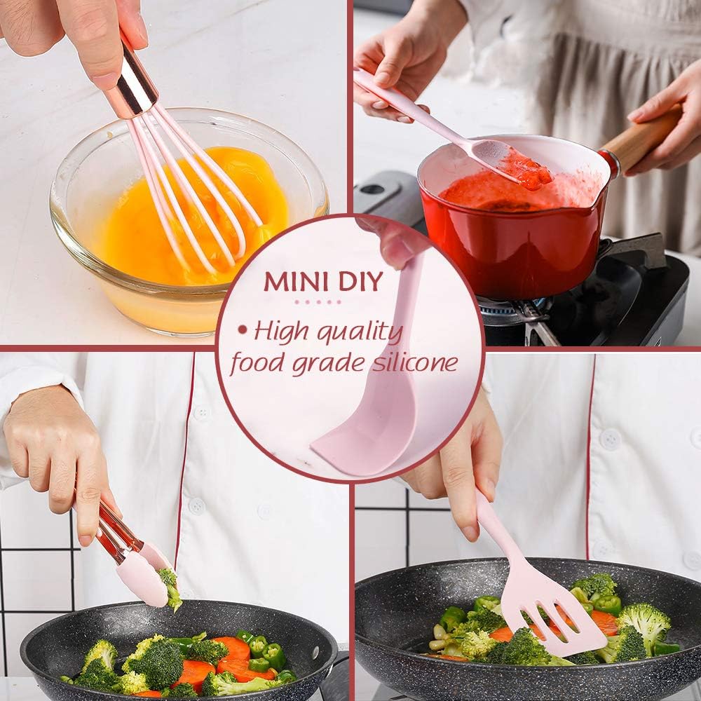 Rose Gold And Pink Kitchen Utensil Small Five-Piece Set Mini Silicone Kids Kitchen Tools Whisk Spatula Tongs Spoon