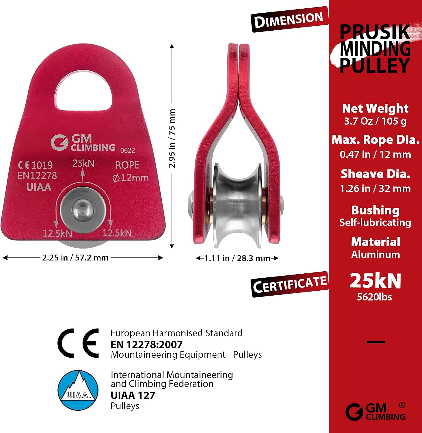 Micro Prusik Minding Pulley 25kN CE UIAA Certified 12mm Single Pulley Mobile Side Plates for Arborist Rigging
