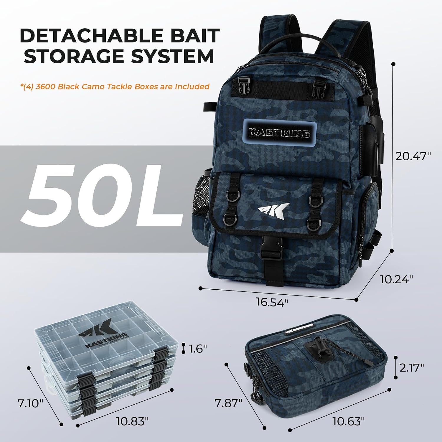 BaitSpace Fishing Tackle Backpack with Removable Bait Binder,2 Rod Holders Storage Fishing Gear and Equipment | 50L