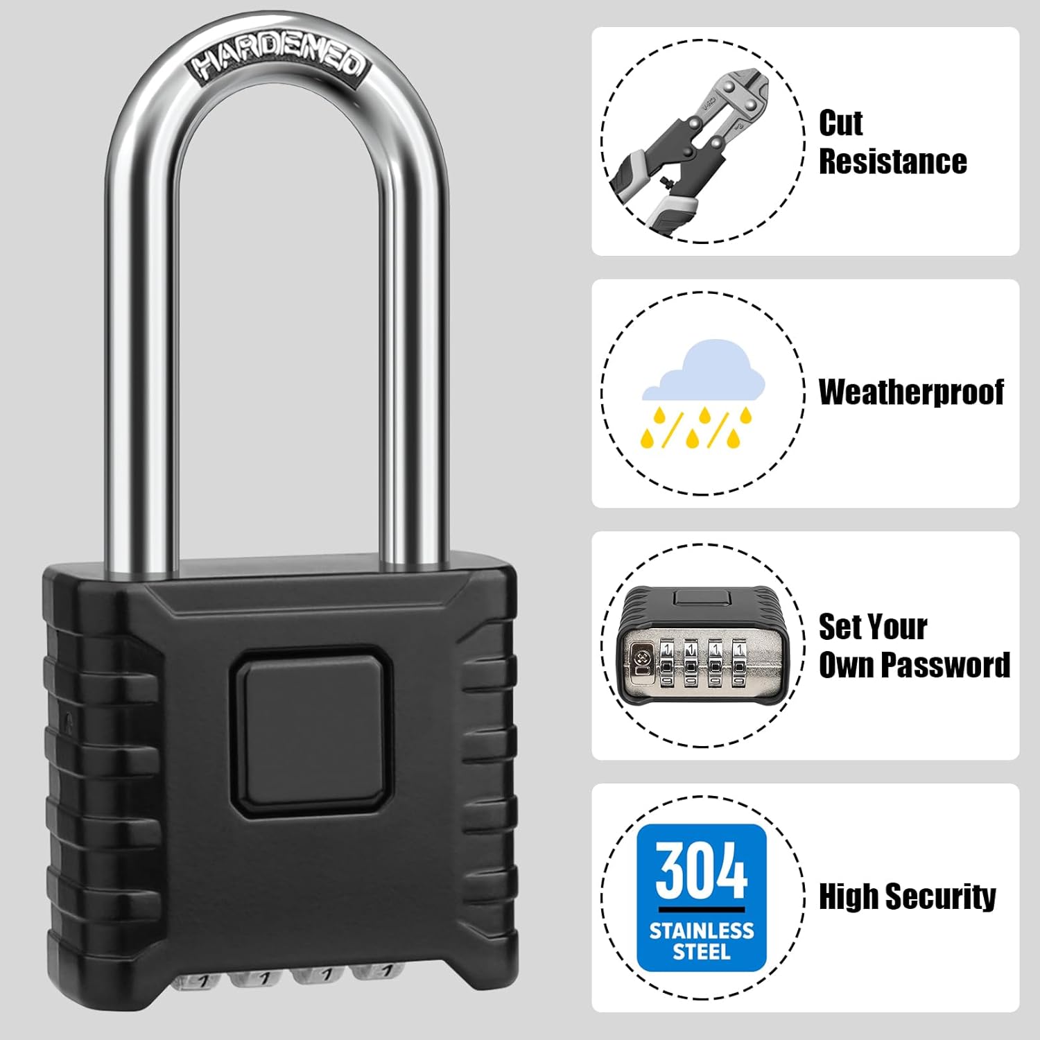 2.3in Long Shackle Combination Padlock, Diyife Heavy Duty Outdoor Lock | Resettable, One-Touch Unlock, [Weatherproof]