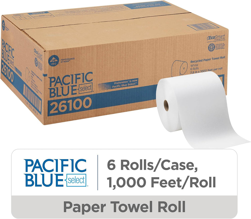 Pacific Blue Select 7.875" Recycled Paper Towel Rolls by GP PRO, White, 26100, 1000 Feet Per Roll, 6 Rolls Per Case