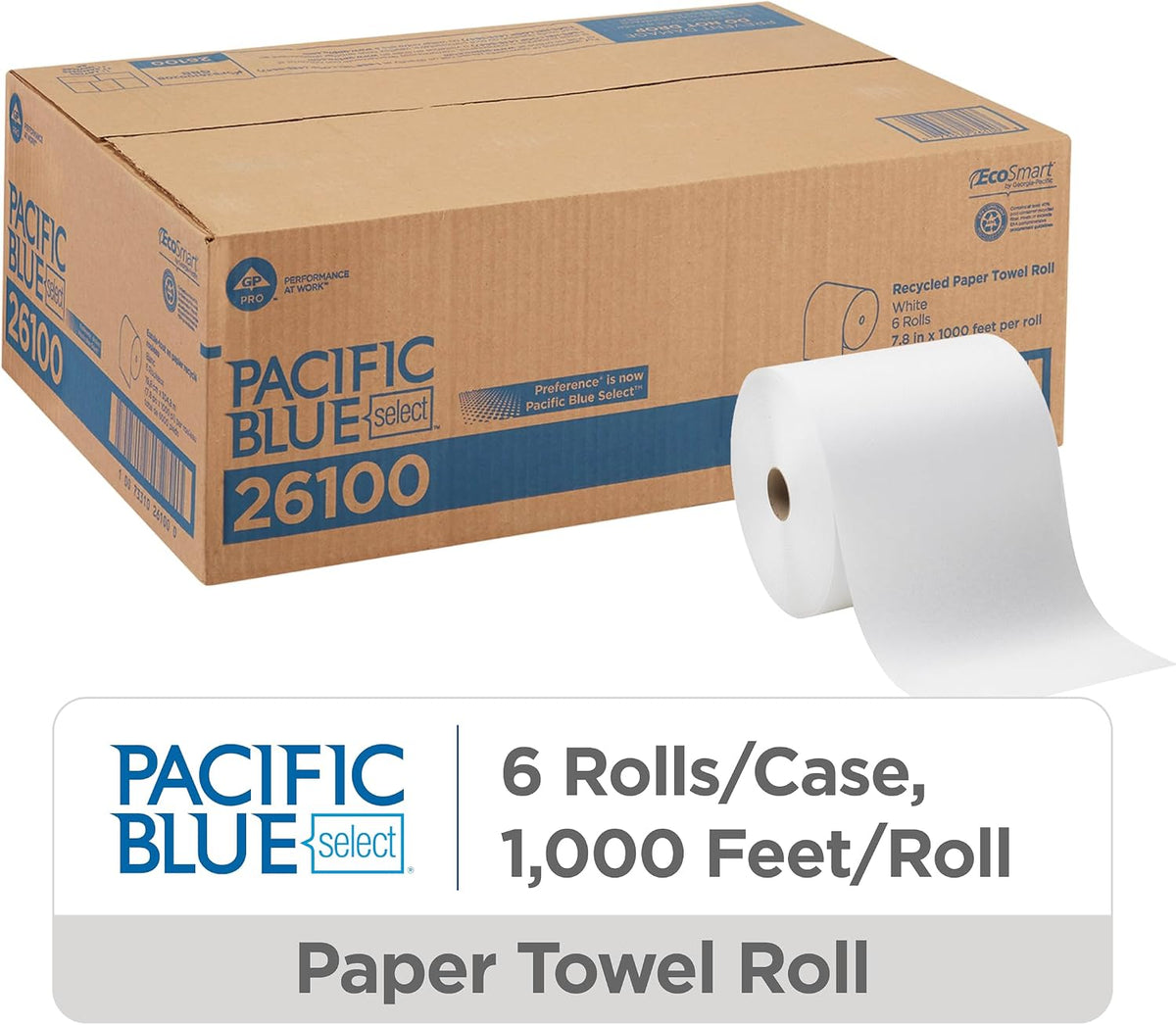 Pacific Blue Select 7.875" Recycled Paper Towel Rolls by GP PRO, White, 26100, 1000 Feet Per Roll, 6 Rolls Per Case