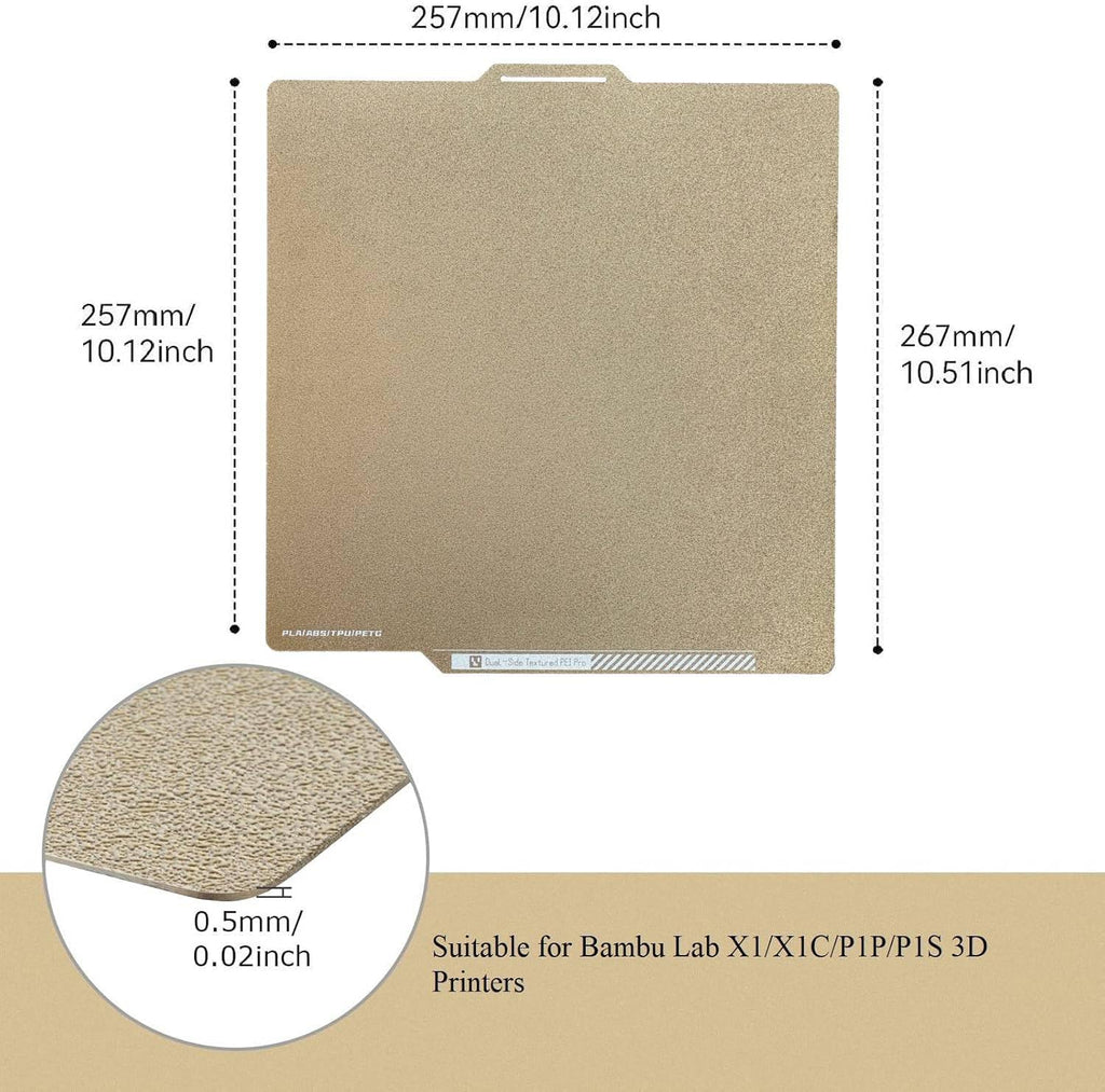 PEI Sheet Double Side Textured for Bambu Lab X1/X1C/P2S/P1P/P1S/A1 Carbon, 257x257 mm Gold Spring Steel Flexible