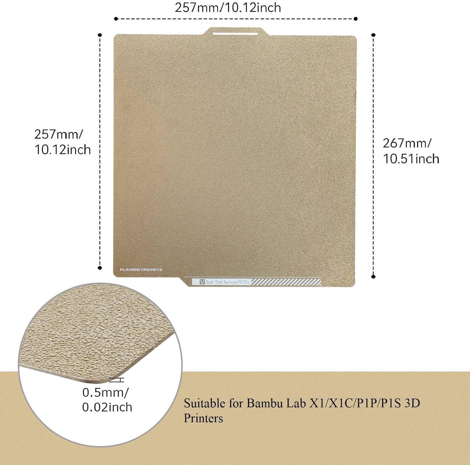 PEI Sheet Double Side Textured for Bambu Lab X1/X1C/P2S/P1P/P1S/A1 Carbon, 257x257 mm Gold Spring Steel Flexible