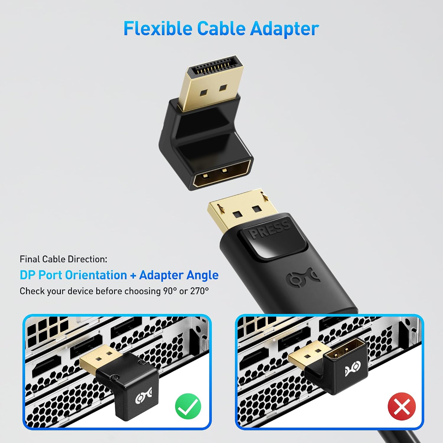 4K@240Hz Right Angle DisplayPort 1.4 Adapter, 90 Degree | 8K@60Hz, 8K DisplayPort Adapter, Black, 32.4Gbps