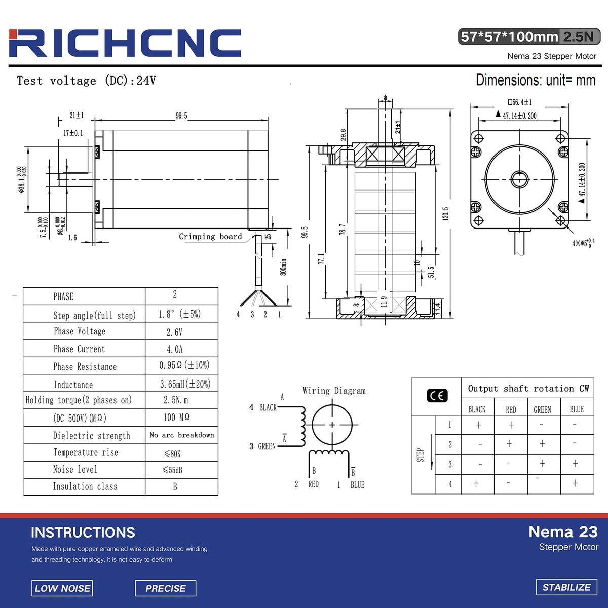 RICHCNC Nema 23 High Torque CNC Stepper Motor 353oz.in/2.5Nm Bipolar 4.0A CNC Mill Lathe Router 57x57x100m