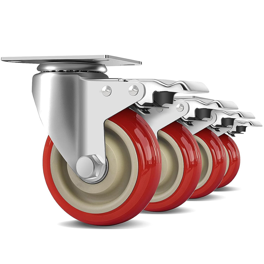 4 Inch Heavy Duty Swivel Caster Wheels with Brake, Set of 4 | Industrial Locking Rolling Plate Casters Wheels for
