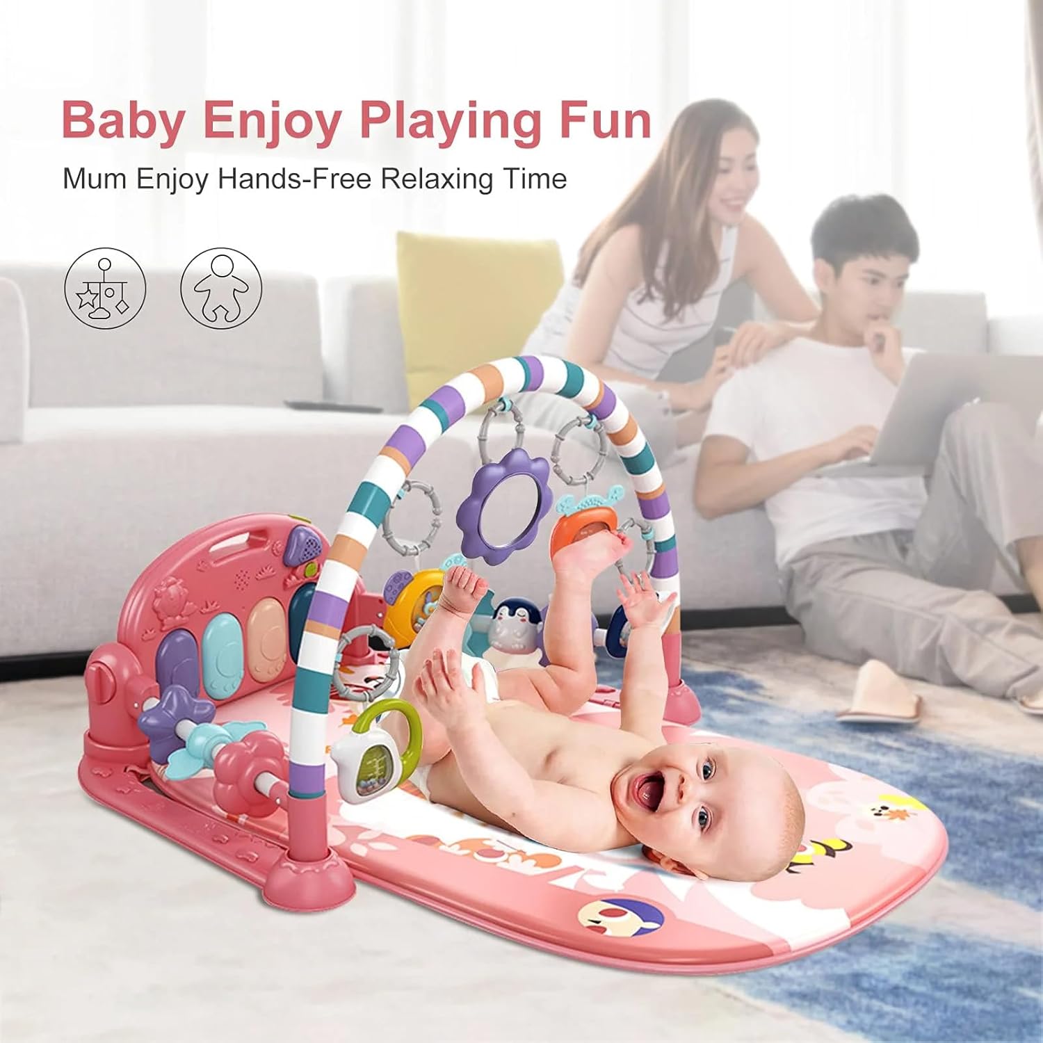 Baby Gym Play Mat, Piano Kick and Play Lights and Music Tummy Time Toys Infant Musical Activity Gym Mat for Visual