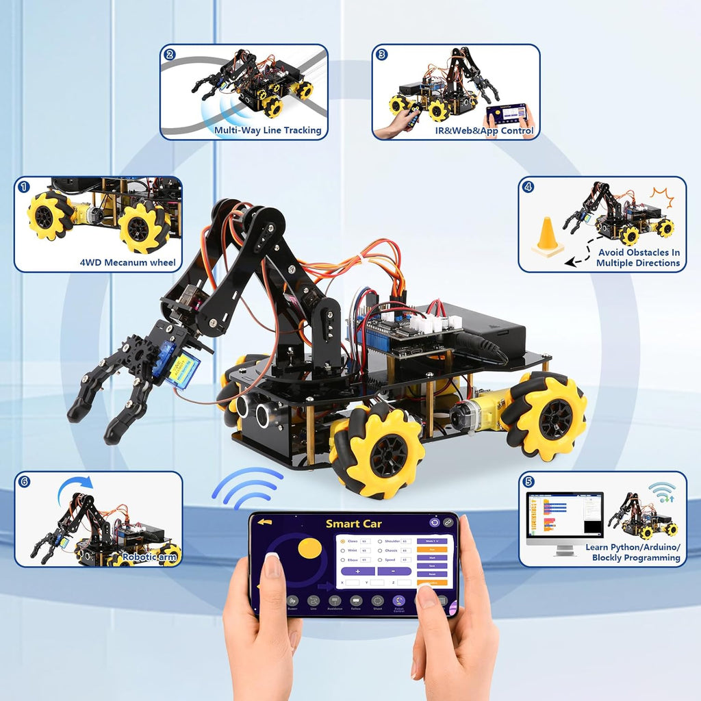 5DOF Smart Robot Arm Car Kit, 4WD Remote Control Car Compatible with Arduino/Python/Blockly Programming Project/STEM