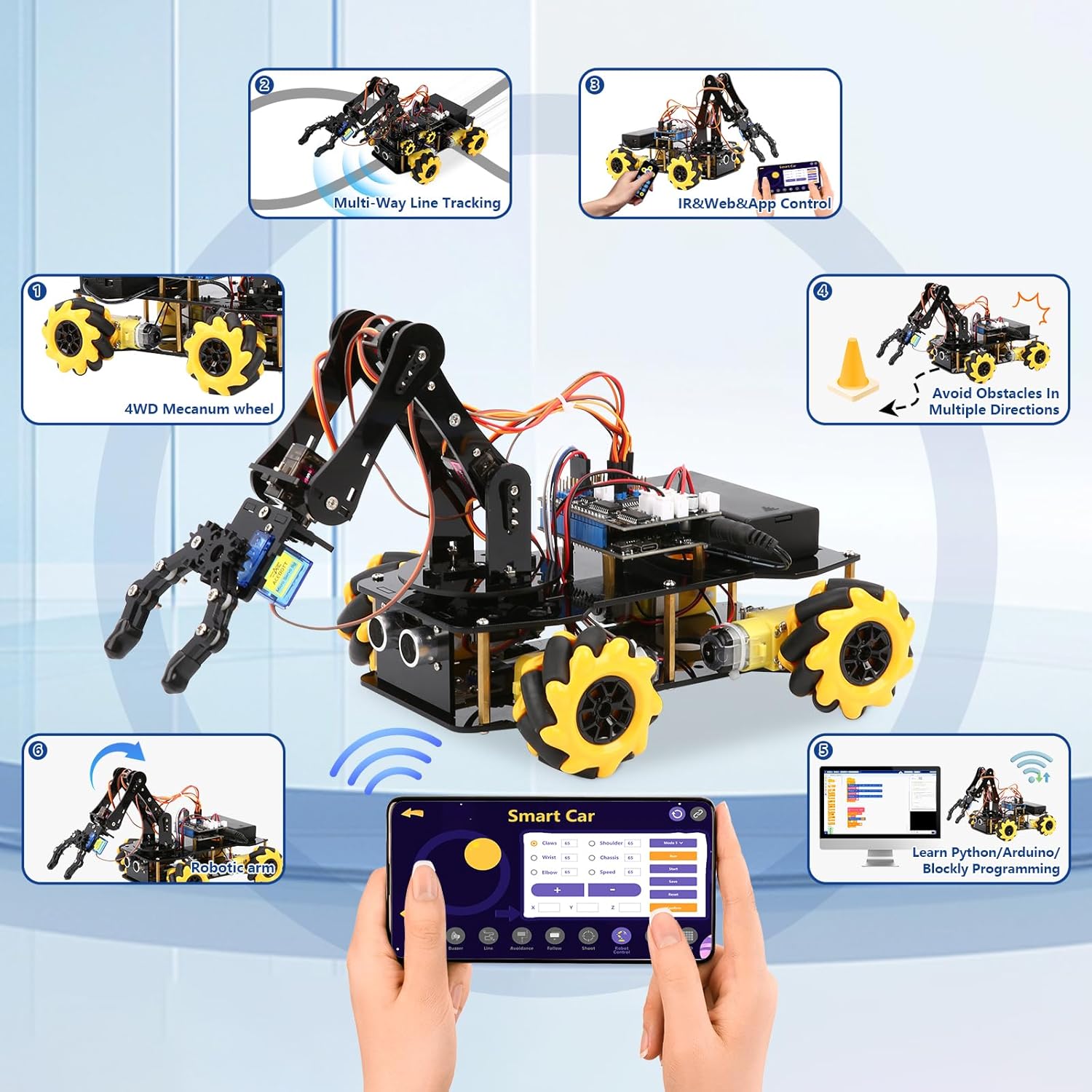 5DOF Smart Robot Arm Car Kit, 4WD Remote Control Car Compatible with Arduino/Python/Blockly Programming Project/STEM