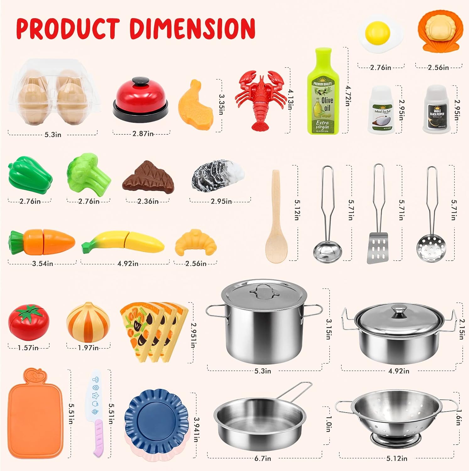 Kids Pretend Play Kitchen Accessories Set, 38Pcs Stainless Steel Play Pots Pans Sets for Kids, Toy Cookware Cooking