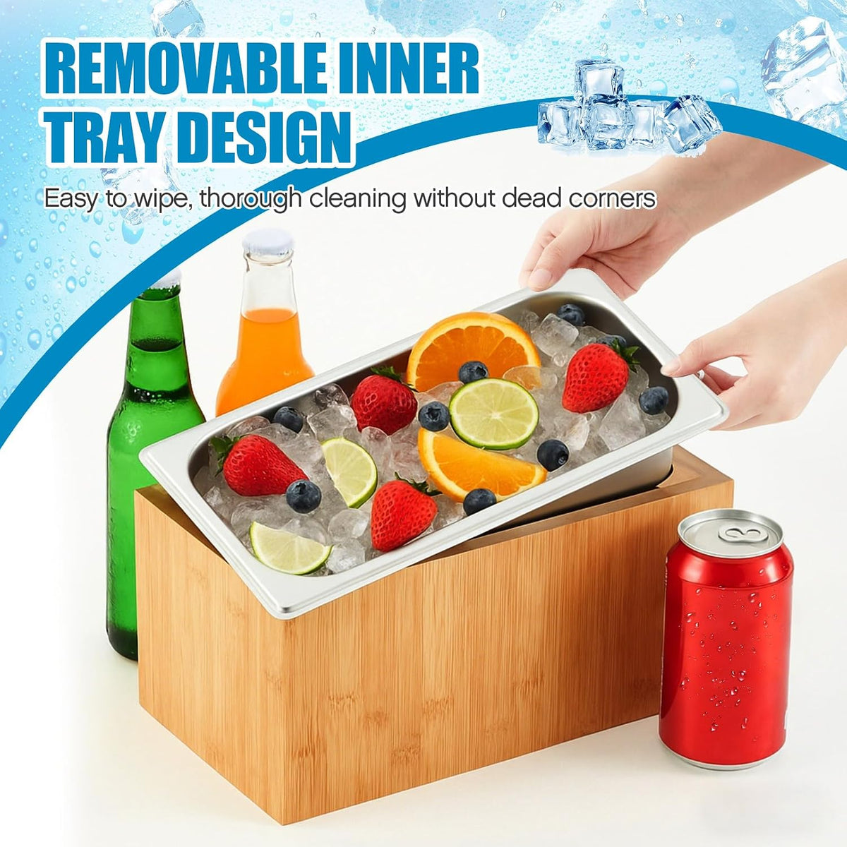 Medium Bamboo Ice Bin with Removable Steel Tray for Party Buffet Drinks