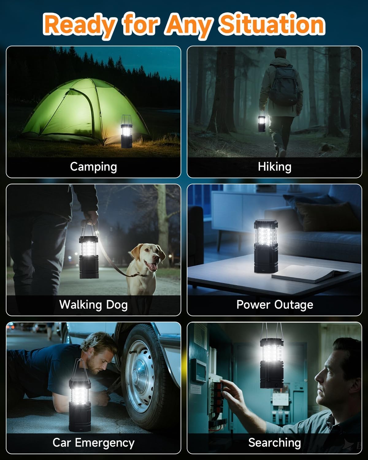 Solar Camping Lantern 4 Pack, Rechargeable LED Lantern with Flashlight | USB-C & Solar Powered, Collapsible Emergency